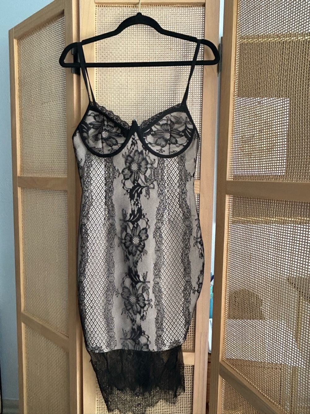 Fashion Nova Sheer Black Lace Chemise with Floral Appliqué Dress
